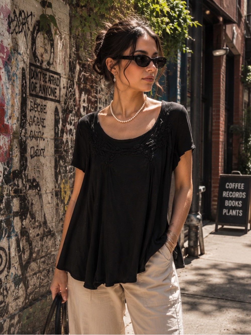 ALLSAINTS Casual Downtown Artisan Flowy Elevated Basic Black Pintuck Swing Tee 6